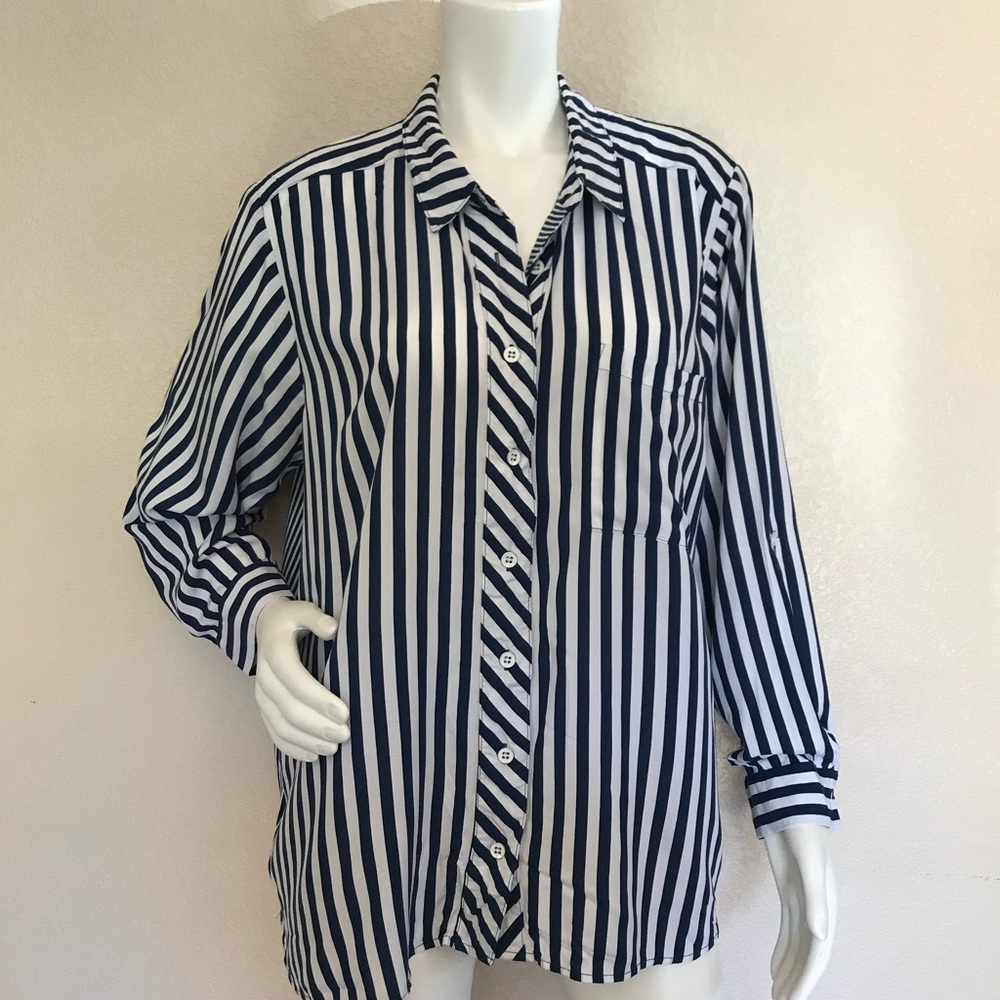 Jane and Delancey Navy and White Striped Button Down Shirt